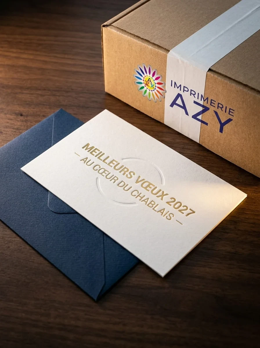 Carte de vœux d'entreprise imprimée sur un bureau avec son enveloppe assortie, prête à être envoyée aux clients stratégiques
