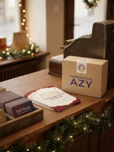 Flyers marchés de Noël imprimés posés sur le comptoir d'une boutique du Chablais, devant une vitrine décorée