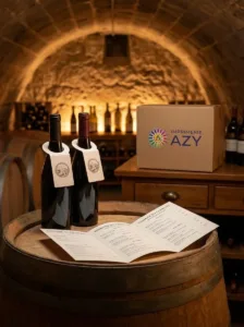Livret de cave et fiche de dégustation d'un domaine viticole du Chablais posés devant des bouteilles au comptoir