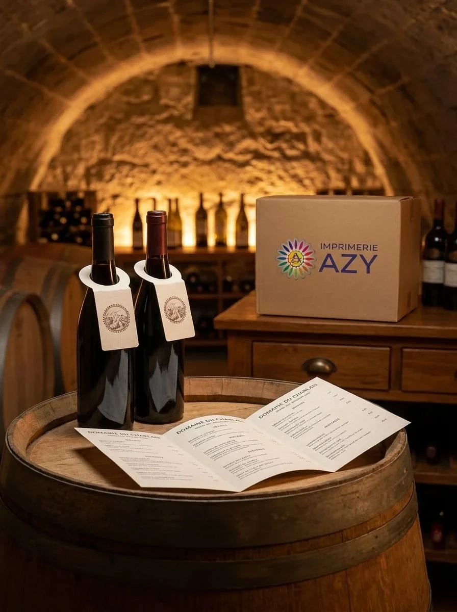 Livret de cave et fiche de dégustation d'un domaine viticole du Chablais posés devant des bouteilles au comptoir