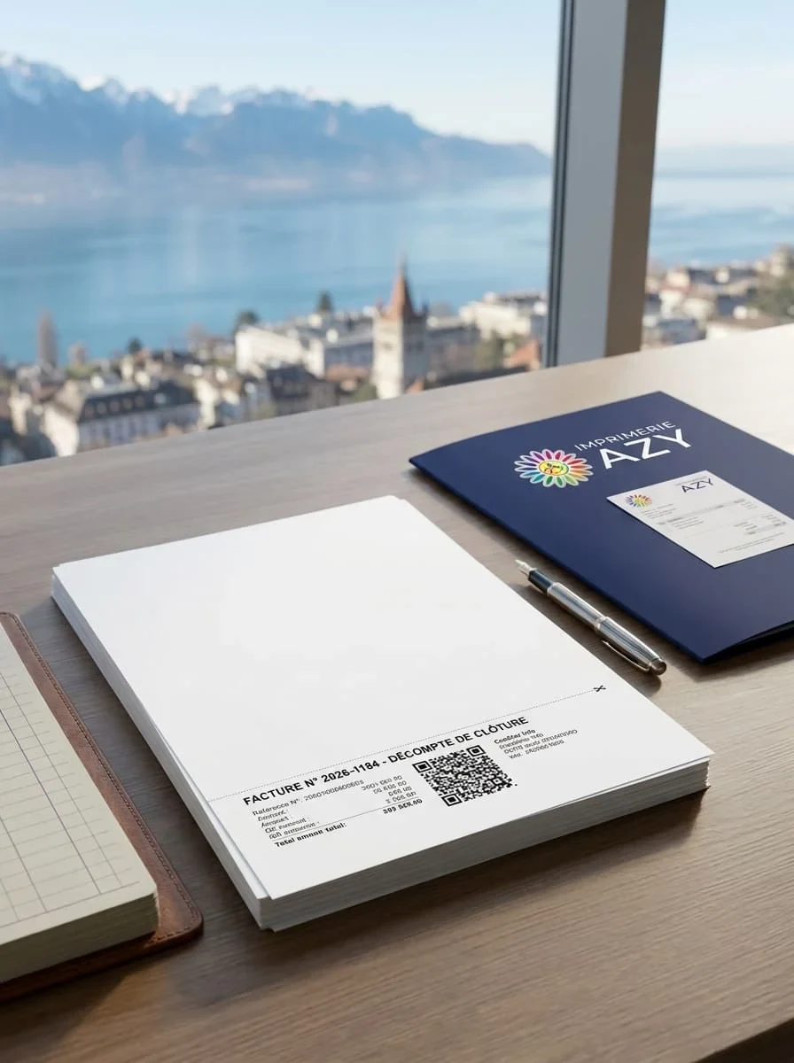 En-tête de lettre et QR-facture Suisse posés sur un bureau, prêts à être imprimés pour la clôture comptable