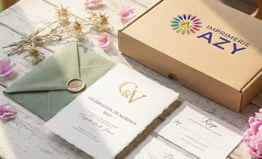 Papeterie de mariage à plat : faire-part, cartons RSVP et enveloppes assorties imprimés pour un mariage en Suisse romande
