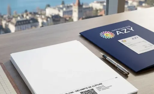En-tête de lettre et QR-facture Suisse posés sur un bureau, prêts à être imprimés pour la clôture comptable